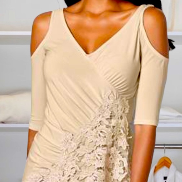 Lace Cream Cold shoulder Top| Venus Spring Blouse| Lace/Gold Flower trimmings S - Picture 2 of 13